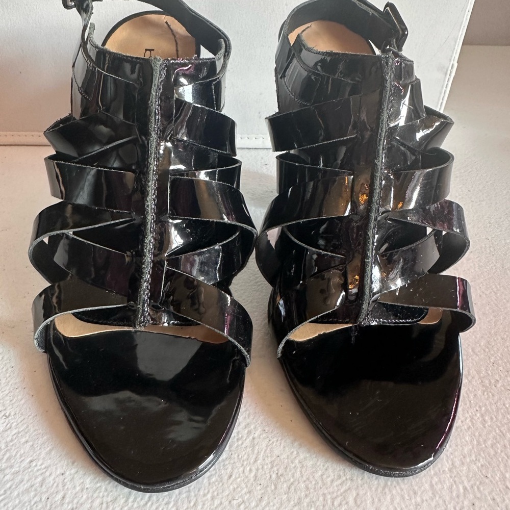 Bebe Black Gladiator Sandals with Patent Straps